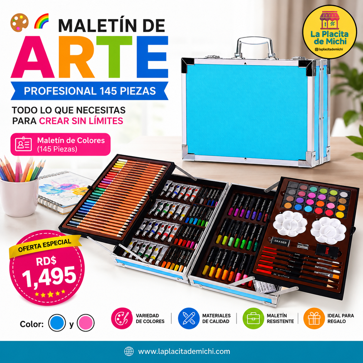 🎨🌈 MALETÍN DE ARTE PROFESIONAL 145 PIEZAS – TODO LO QUE NECESITAS PARA CREAR SIN LÍMITES 🌈🎨
🆔 Maletín de Colores (145 Piezas)
💰 RD$1,495
Color: 💙 y 🩷