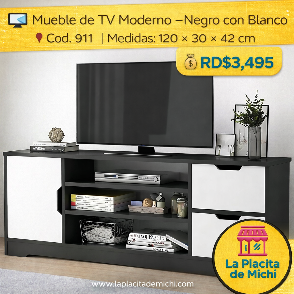📺 Mueble de TV Moderno –Negro con Blanco 
📌 Cod. 911
📐 Medidas: 120 × 30 × 42 cm

💰 RD$3,495