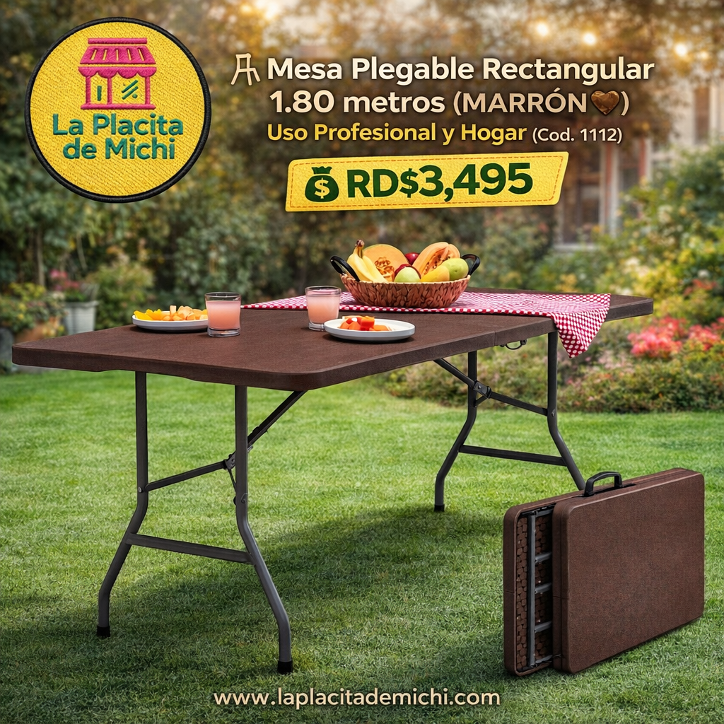🪑 Mesa Plegable Rectangular 1.80 metros  (MARRÓN🤎)– Uso Profesional y Hogar (Cod. 1112) 

💰RD$3,495