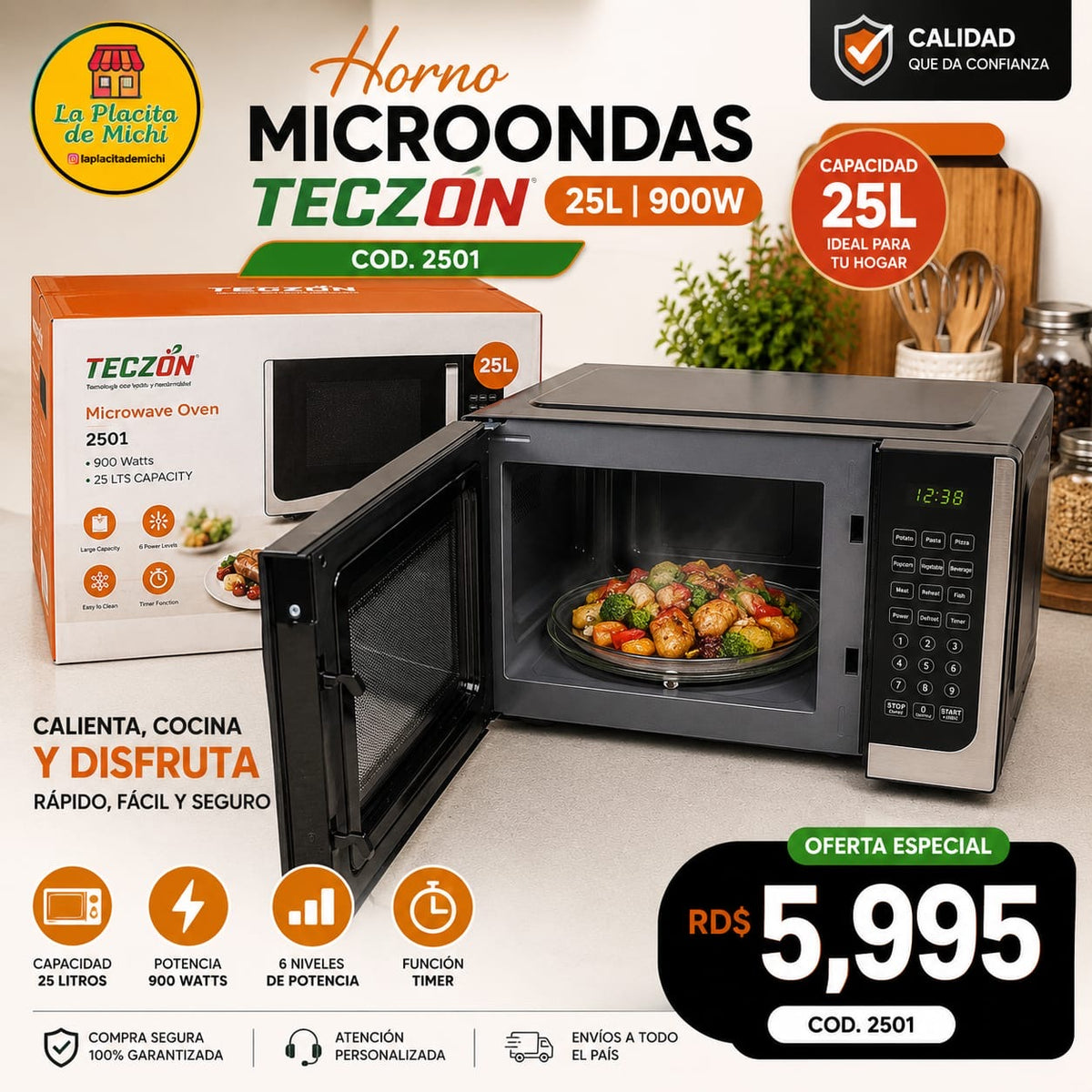 🔥 Horno Microondas TECZON – 25L | 900W 🔥 (Cod. 2501)

💰 RD$5,995