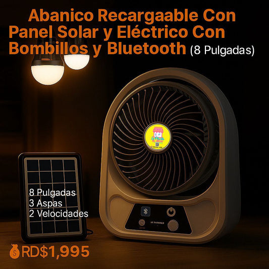 Abanico Recargable Con Panel Solar y Eléctrico Con Bombillos y Bluetooth (8 Pulgadas) (Cod.-608)