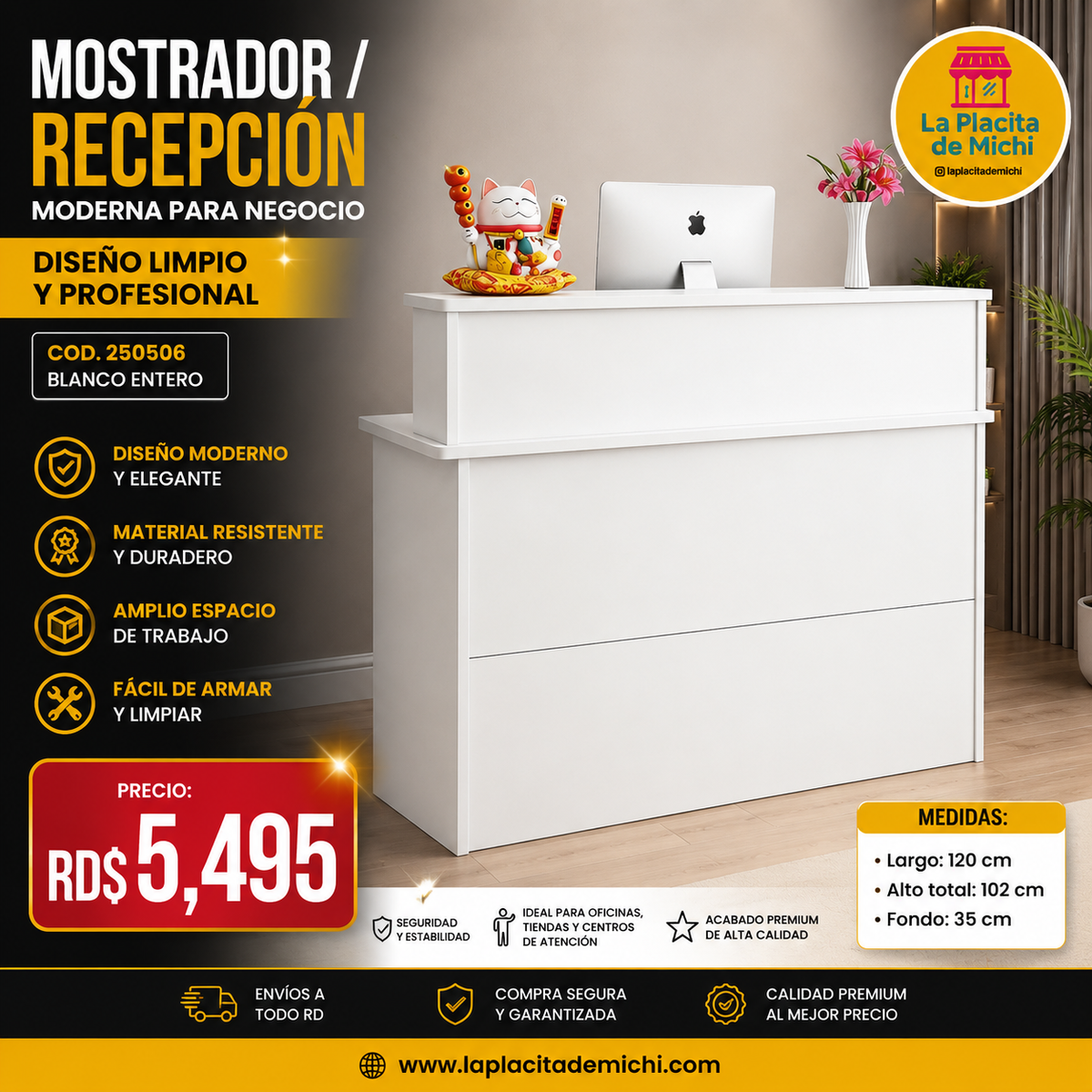 🧾✨ MOSTRADOR CAUNTER / RECEPCIÓN MODERNA PARA NEGOCIO – DISEÑO LIMPIO Y PROFESIONAL ✨🧾 (Cod. 250506 BLANCO ENTERO)

💰 Precio: RD$5,495 

📏 Medidas:
• Largo: 120 cm
• Alto total: 102 cm
• Fondo: 35 cm