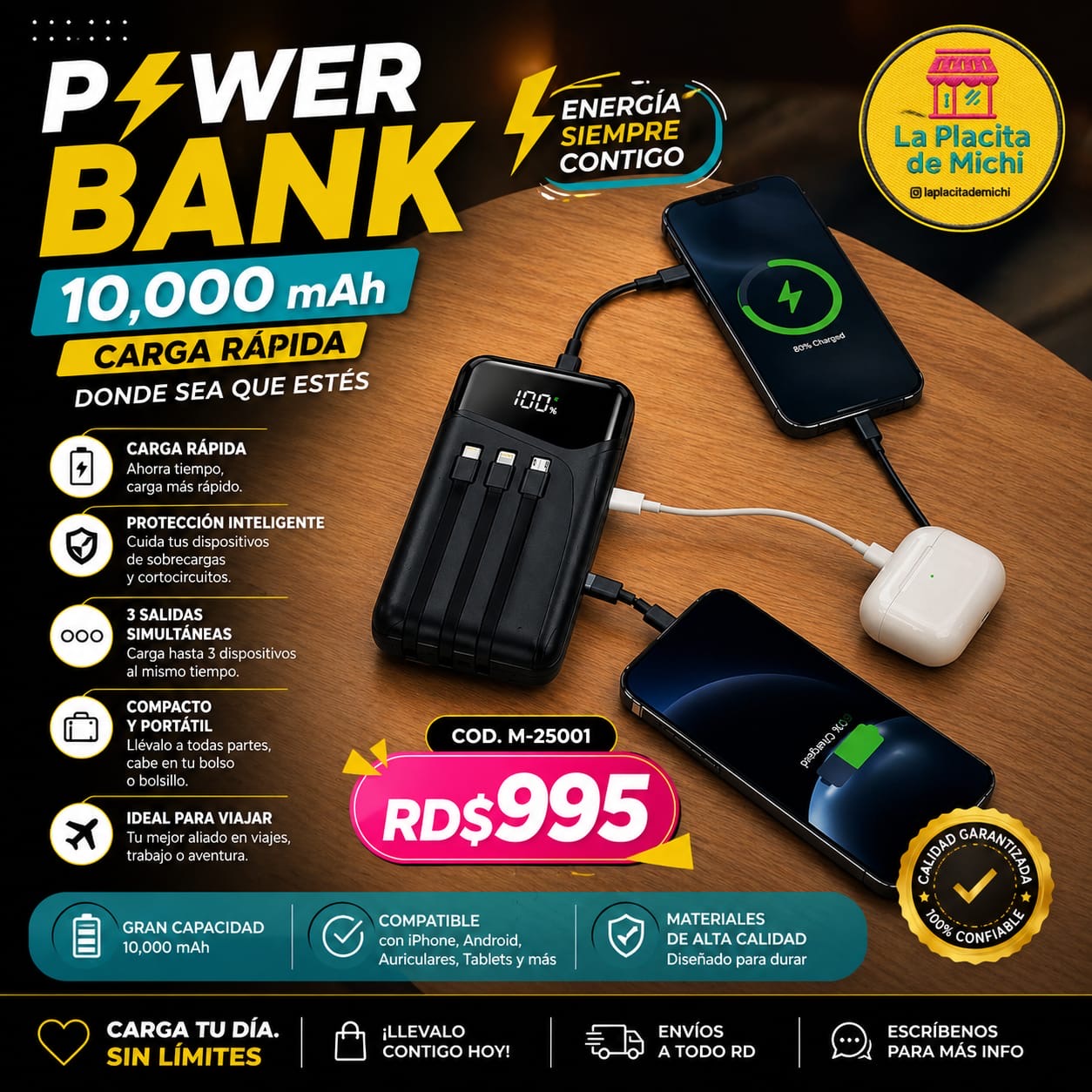🔋⚡ POWER BANK 10,000 mAh – CARGA RÁPIDA DONDE SEA QUE ESTÉS ⚡🔋 (Cod. M-25001)

💰RD$995