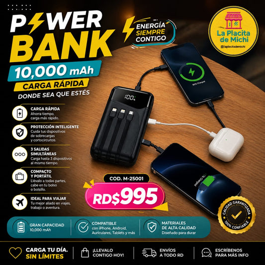 🔋⚡ POWER BANK 10,000 mAh – CARGA RÁPIDA DONDE SEA QUE ESTÉS ⚡🔋 (Cod. M-25001)

💰RD$995