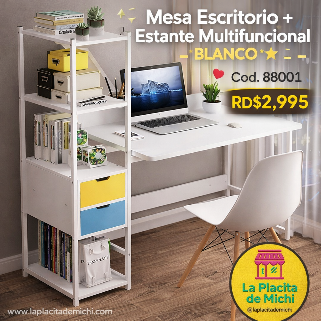✨ Mesa Escritorio + Estante Multifuncional – *BLANCO* ✨
📌 Cod. 88001

💰 RD$2,995
