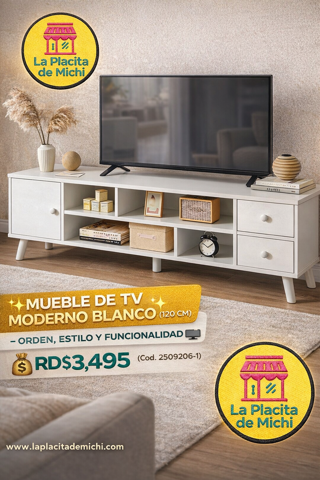 🖥️✨ MUEBLE DE TV MODERNO BLANCO (120 CM) – ORDEN, ESTILO Y FUNCIONALIDAD ✨🖥️ (Cod. 2509206-1)

💰RD$3,495