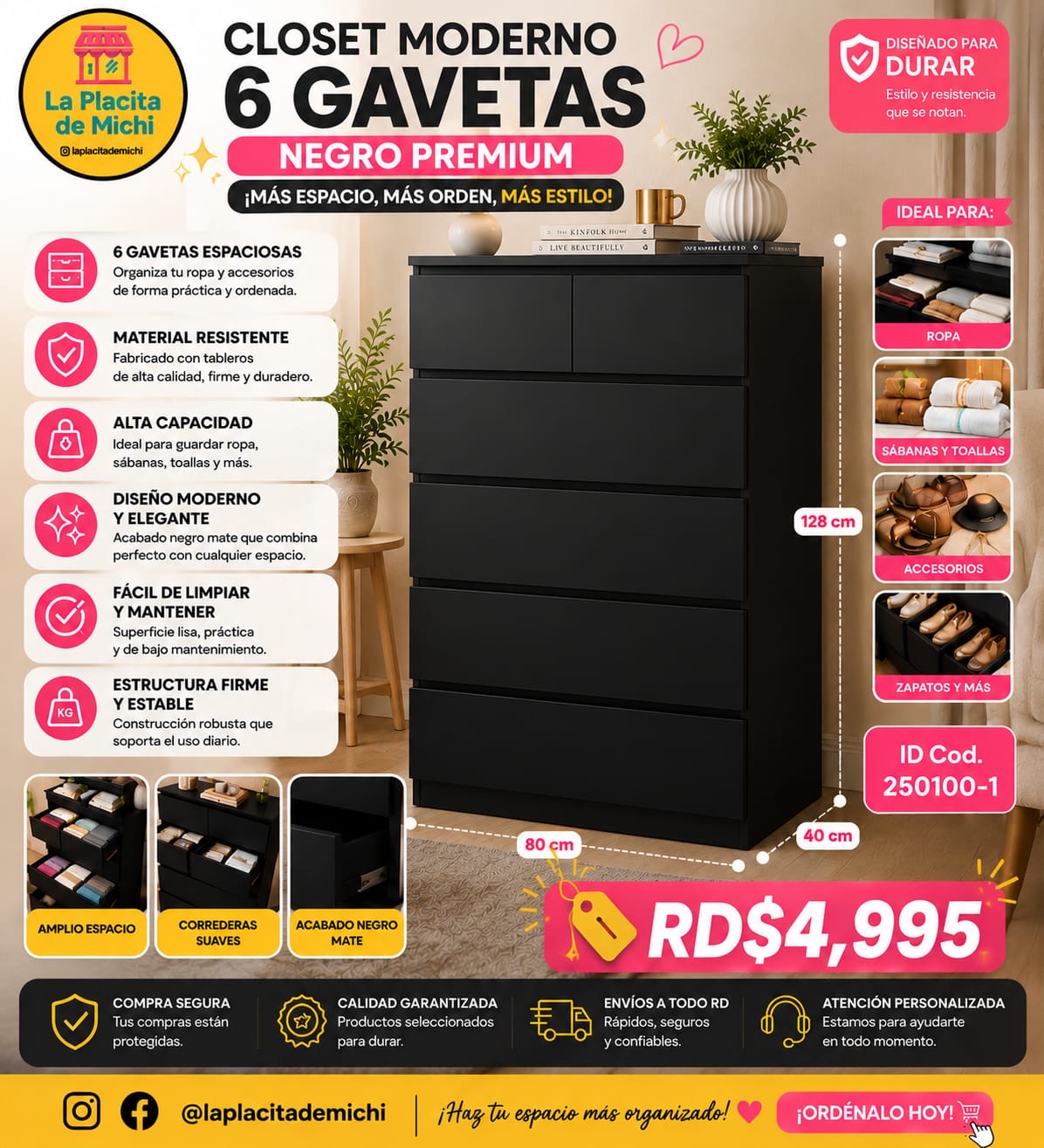 Closet Moderno 6 Gavetas – Negro Premium (Alta Capacidad) (Cod.250100-1)
💰RD$4,995