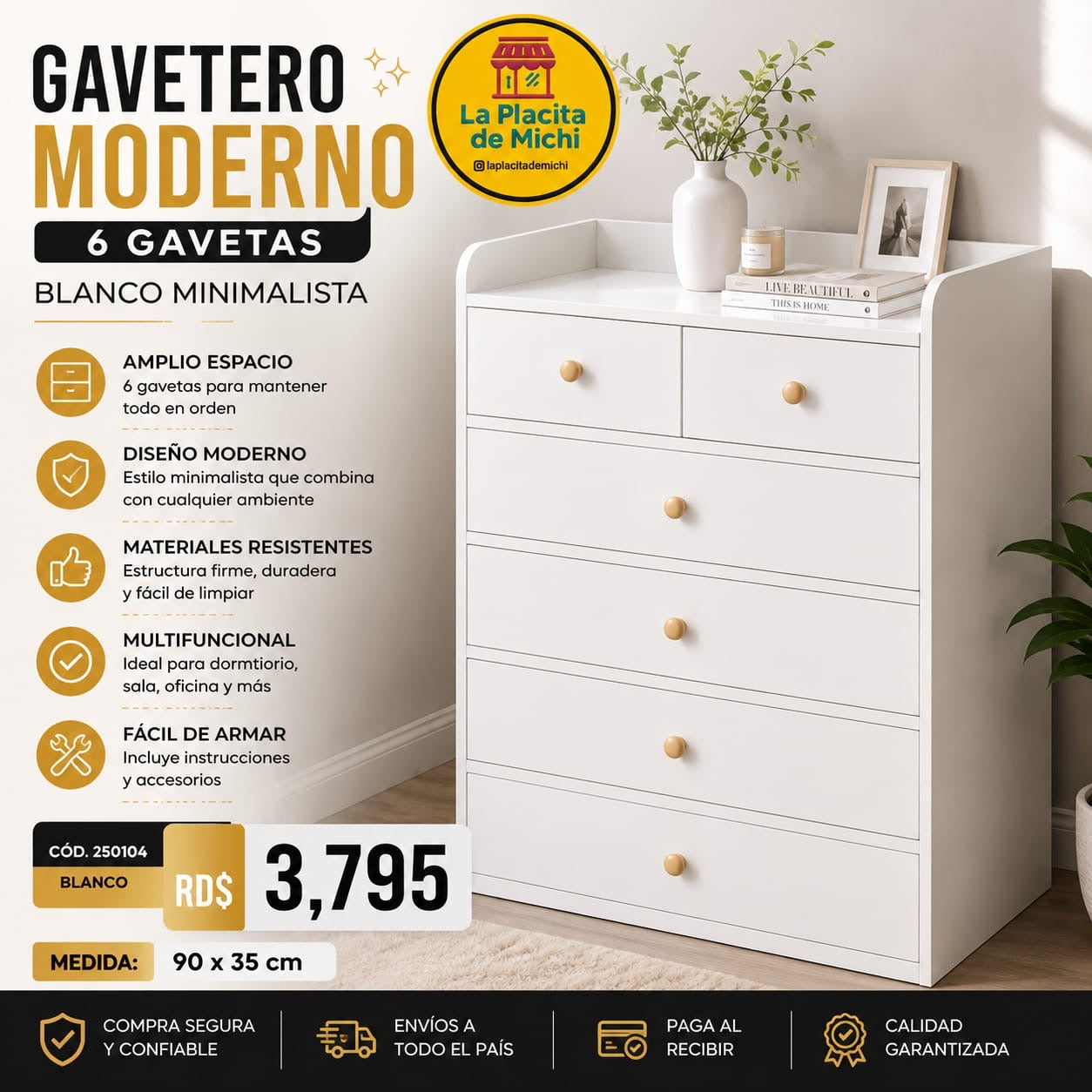 ✨ Gavetero Moderno 6 Gavetas – Blanco Minimalista ✨(Cod.250104 Blanco) 
(Medida 90x35cm)
💰RD$3,795