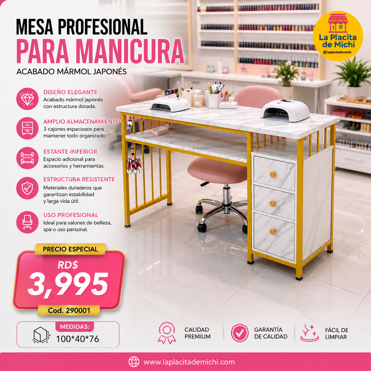💅 MESA PROFESIONAL DE UÑAS PARA MANICURA – ACABADO MÁRMOL JAPONÉS
🆔 Cod. 290001

💰 RD$3,995

Medidas: 100*40*76