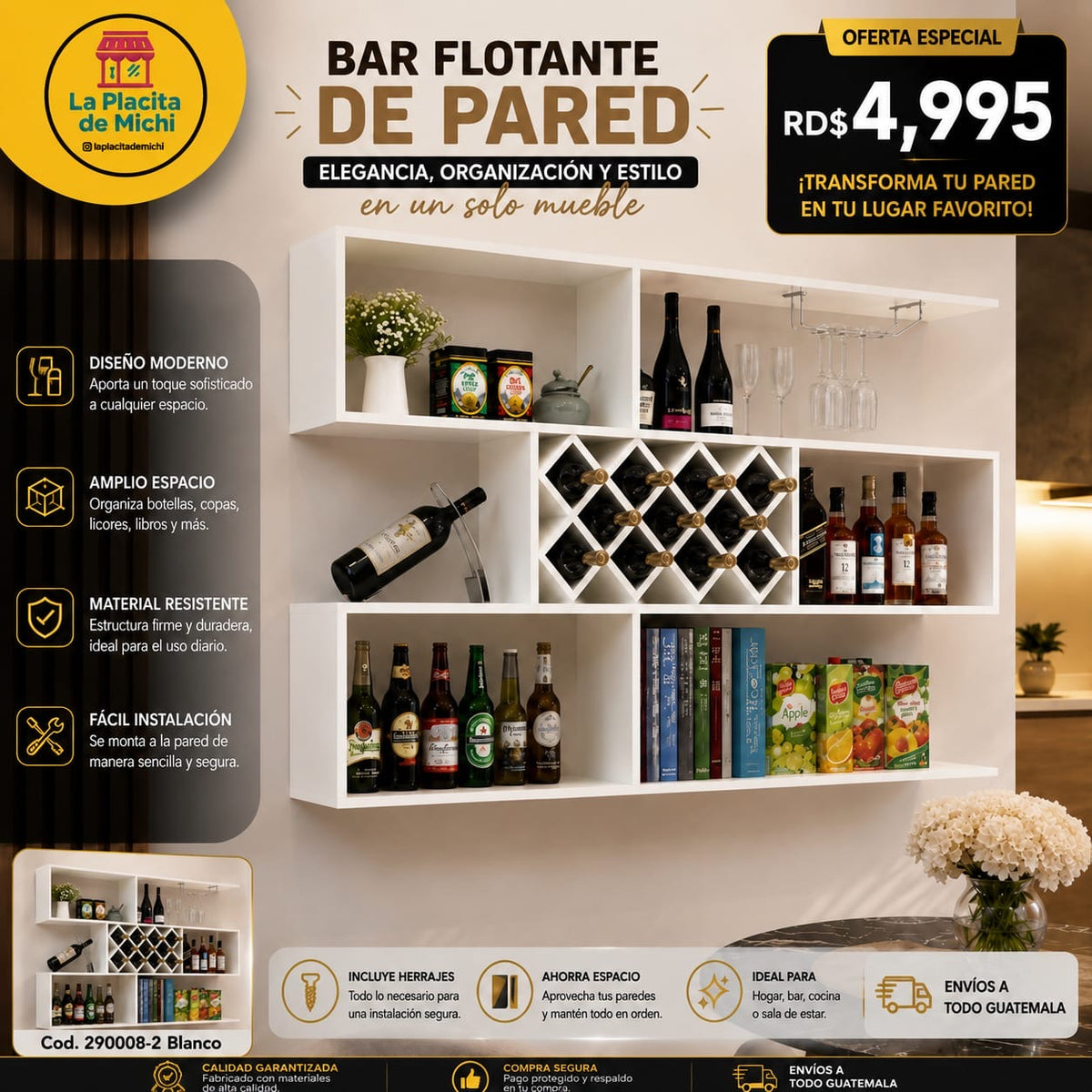 🍷✨ BAR FLOTANTE DE PARED – ELEGANCIA, ORGANIZACIÓN Y ESTILO EN UN SOLO MUEBLE ✨🍷

🆔 Cod. 290008-2 BLANCO 

💰 RD$4,995