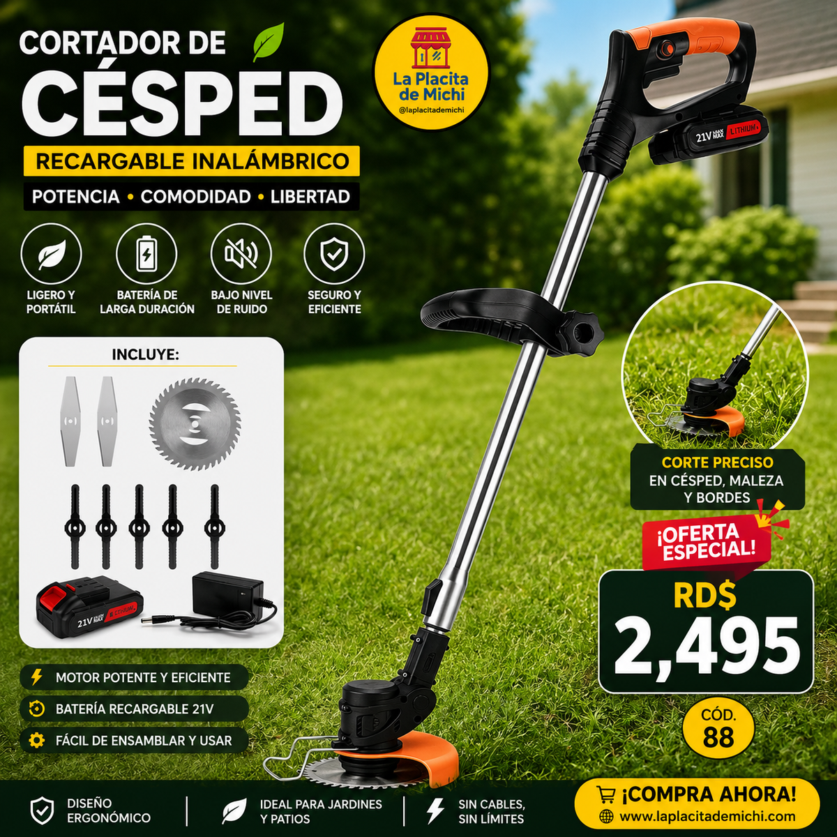🌿⚡ CORTADOR DE CÉSPED RECARGABLE INALÁMBRICO ⚡🌿
🆔 Cod. 88
💰 RD$2,495