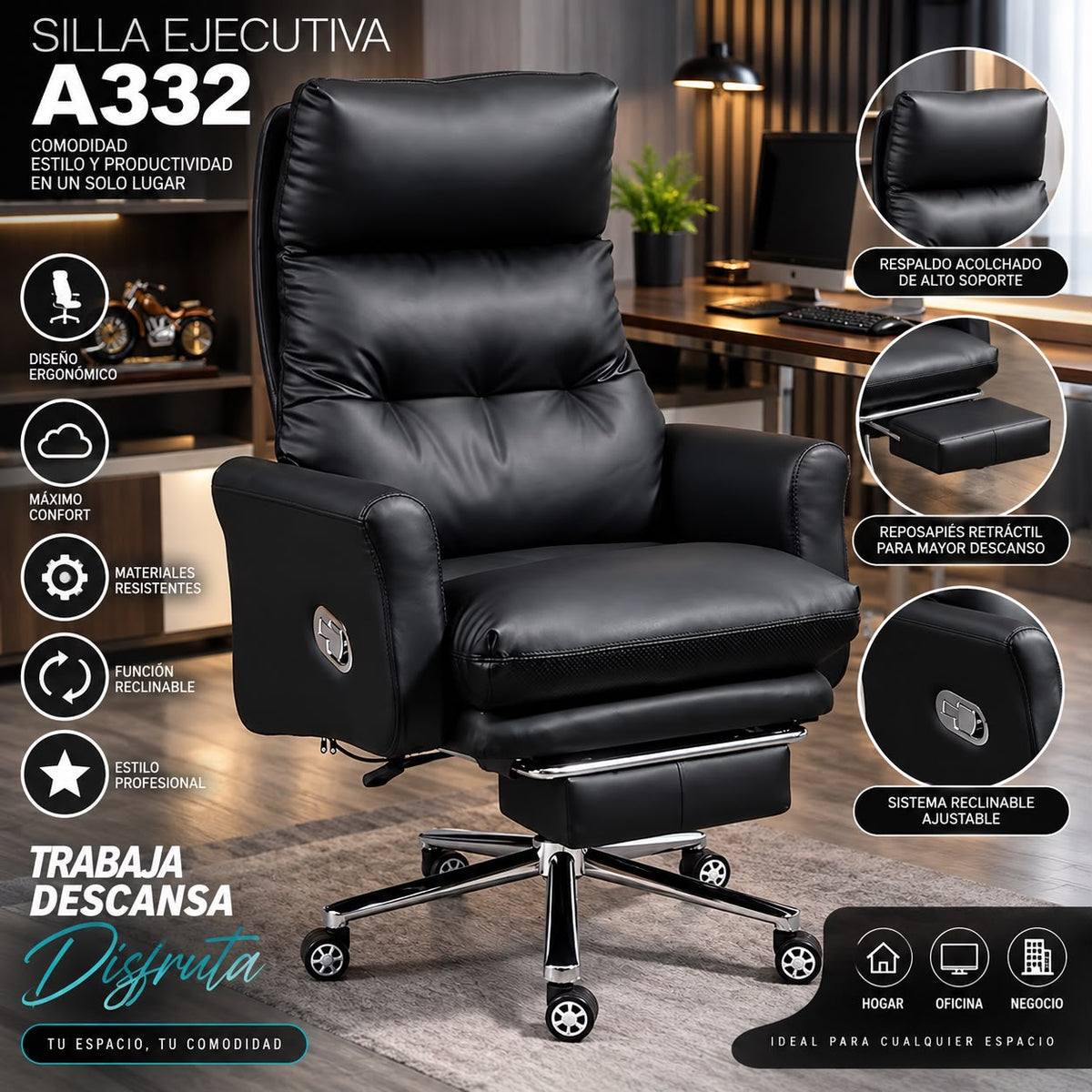 🖤 SILLÓN EJECUTIVO RECLINABLE Y REPOSA PIES – CONFORT QUE CAMBIA TU FORMA DE TRABAJAR
 (🆔COD. A332)

💰RD$18,990
