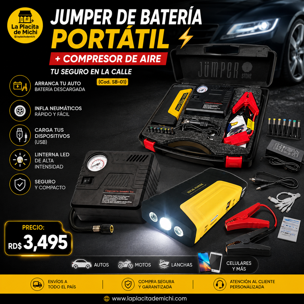 🚗⚡ JUMPER DE BATERÍA PORTÁTIL + COMPRESOR DE AIRE – TU SEGURO EN LA CALLE ⚡🚗
(Cod. SB-01)

💰 RD$3,495