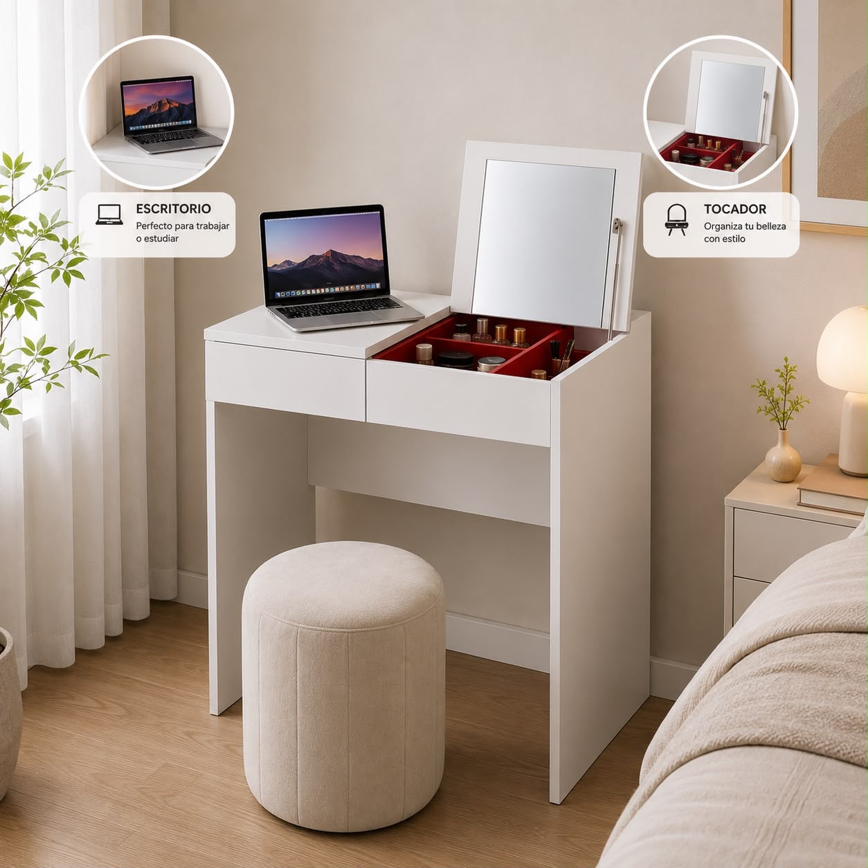 ✨🪞 TOCADOR MODERNO CON ESPEJO Y COMPARTIMIENTO OCULTO 🪞✨(Cod. 25116) 

💰RD$4,495