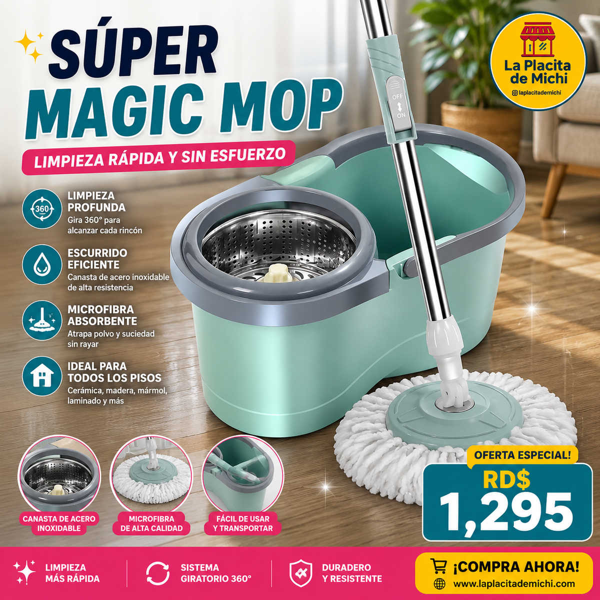 🧽✨ SÚPER MAGIC MOP – LIMPIEZA RÁPIDA Y SIN ESFUERZO ✨🧽
 
💰 RD$1,295