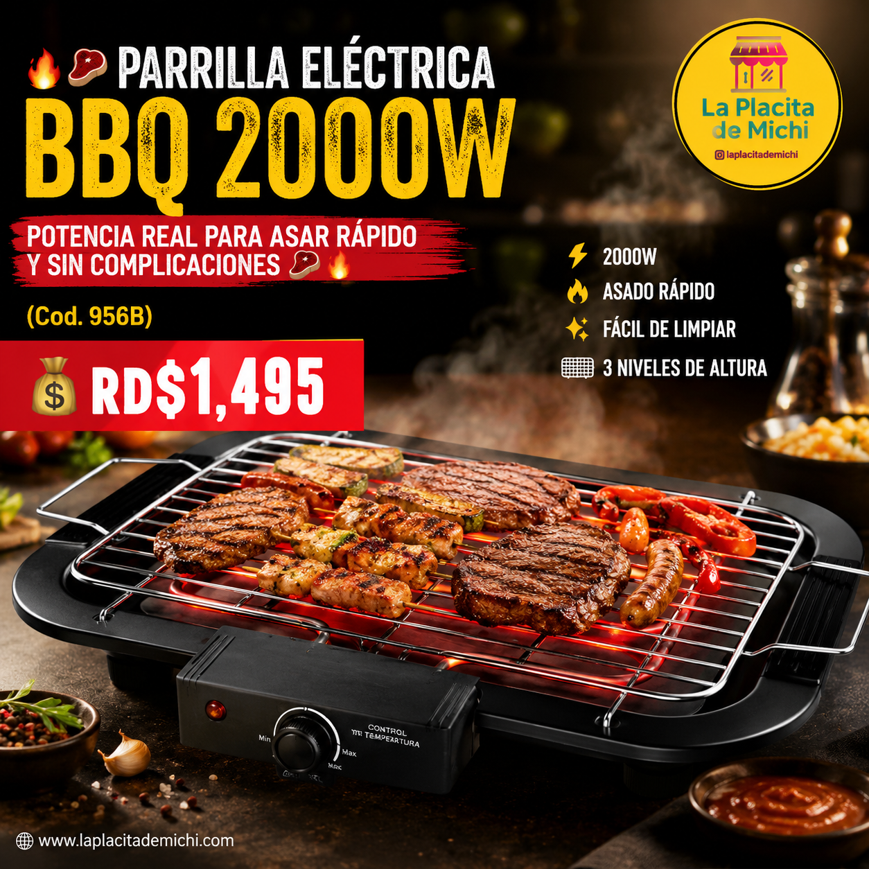 🔥🥩 PARRILLA ELÉCTRICA BBQ 2000W – POTENCIA REAL PARA ASAR RÁPIDO Y SIN COMPLICACIONES 🥩🔥 (Cod. 956B)

💰 RD$1,495