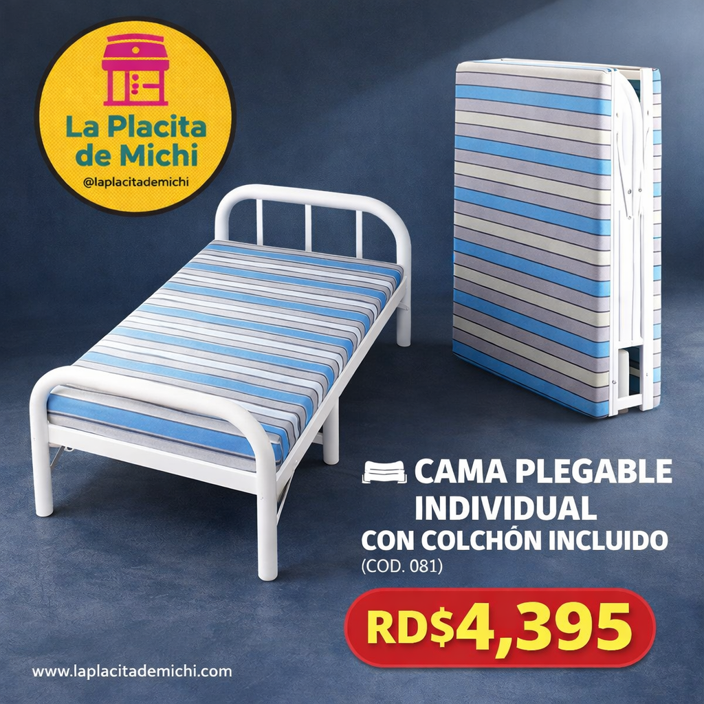 🛏️ CAMA PLEGABLE INDIVIDUAL CON COLCHÓN INCLUIDO
(COD. 081)

💰 RD$4,395 

📐 Medidas de la cama plegable:
	•	Largo: 180 cm
	•	Ancho: 100 cm
	•	Altura: 40 cm