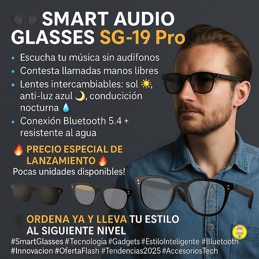 👓 Lentes Smart Audio Glasses (Cod.SG-19 Pro)
¡Música, llamadas y estilo en un solo accesorio!
