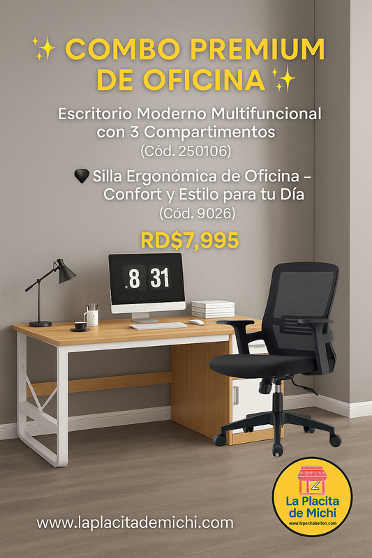 ✨ COMBO PREMIUM DE OFICINA ✨
🪑 Escritorio Moderno Multifuncional con 3 Compartimentos (Cód. 250106 – 120cm x 60cm)
+
🖤 Silla Ergonómica de Oficina – Confort y Estilo para tu Día a Día (Cód. 9026)

💰 RD$7,995