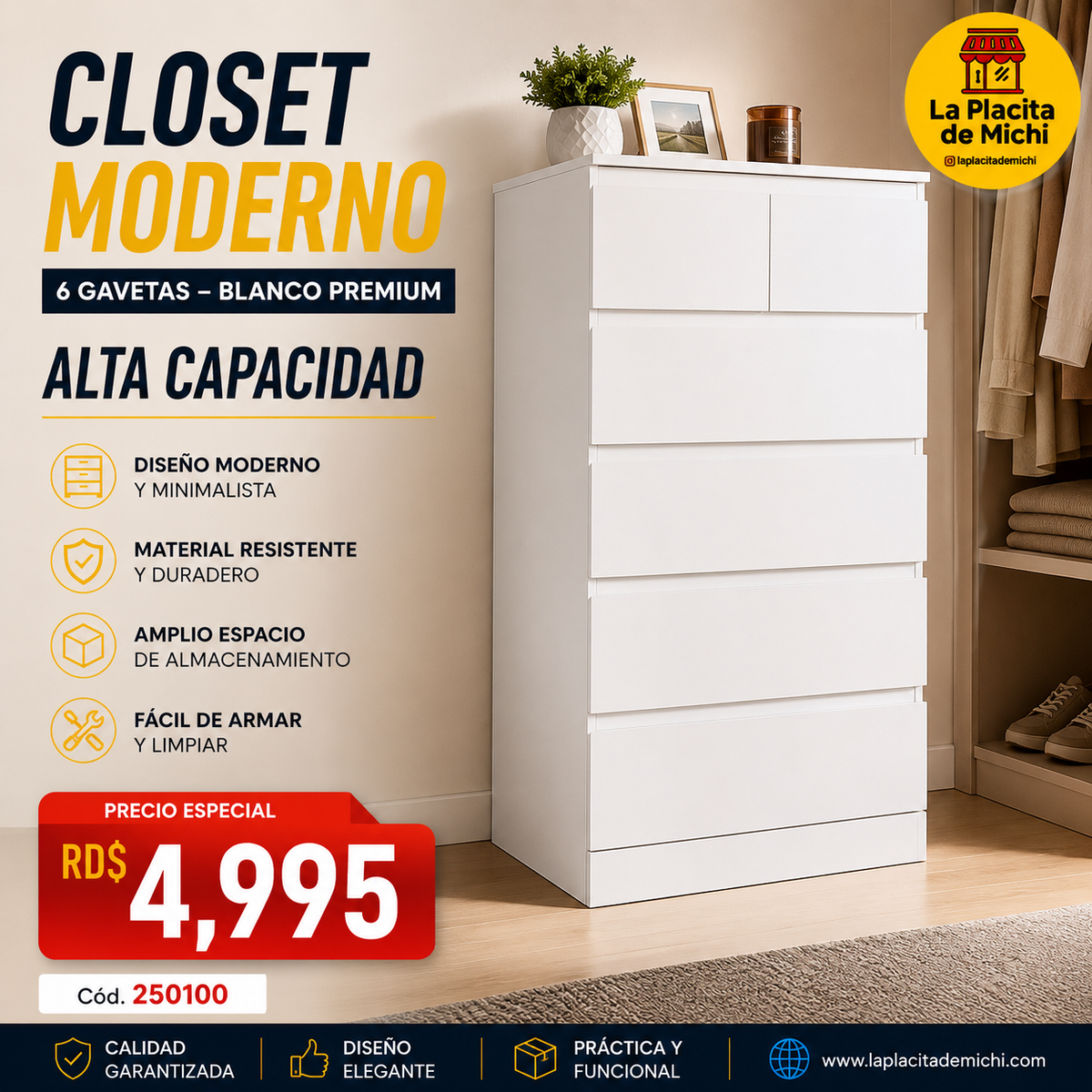 Closet Moderno 6 Gavetas – Blanco Premium (Alta Capacidad) (Cod.250100)
💰RD$4,995