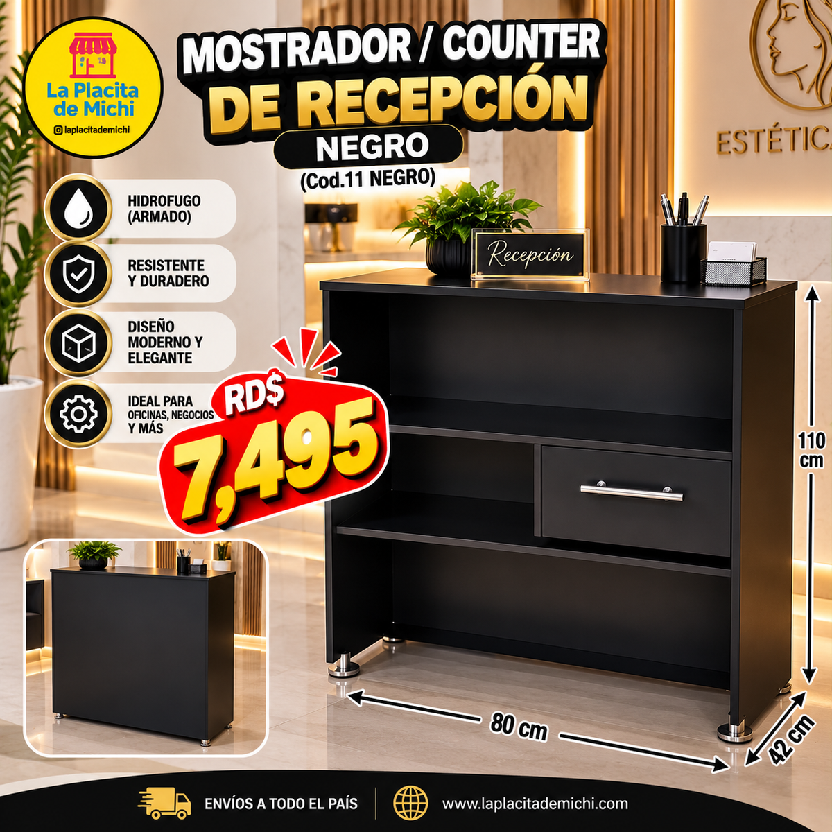 ✨🖤Mostrador / Counter de Recepción Negro 🖤✨
🆔(Cod.11 NEGRO)

💰RD$7,495 

- Medidas: 80cm Ancho 110cm Altura x 42cm 
- ⁠Material Hidrofugo (Armado)