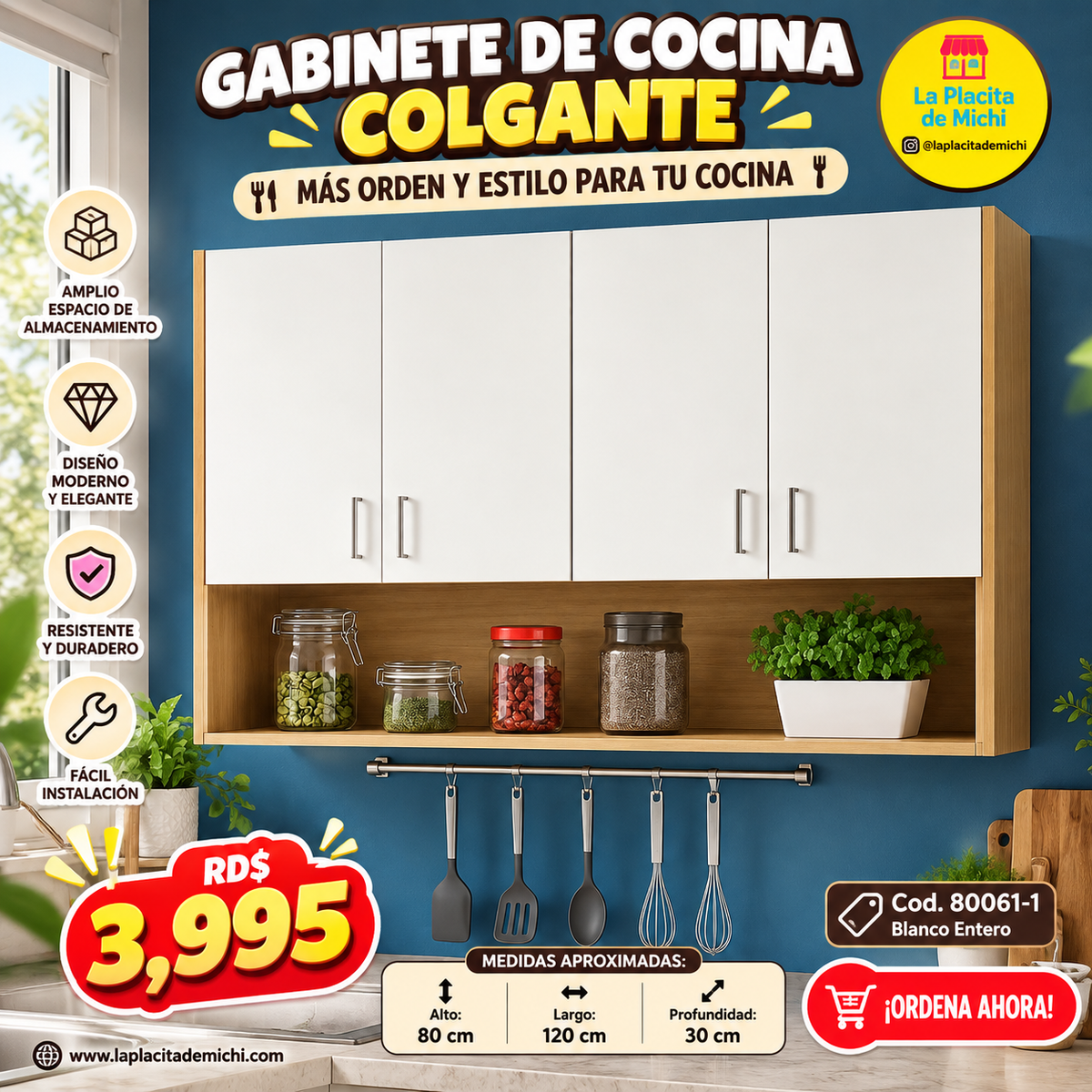🍽️✨ GABINETE DE COCINA COLGANTE – MÁS ORDEN Y ESTILO PARA TU COCINA ✨🍽️

🆔 Cod. 80061-1 Blanco con Amarillo 

💰 RD$3,995