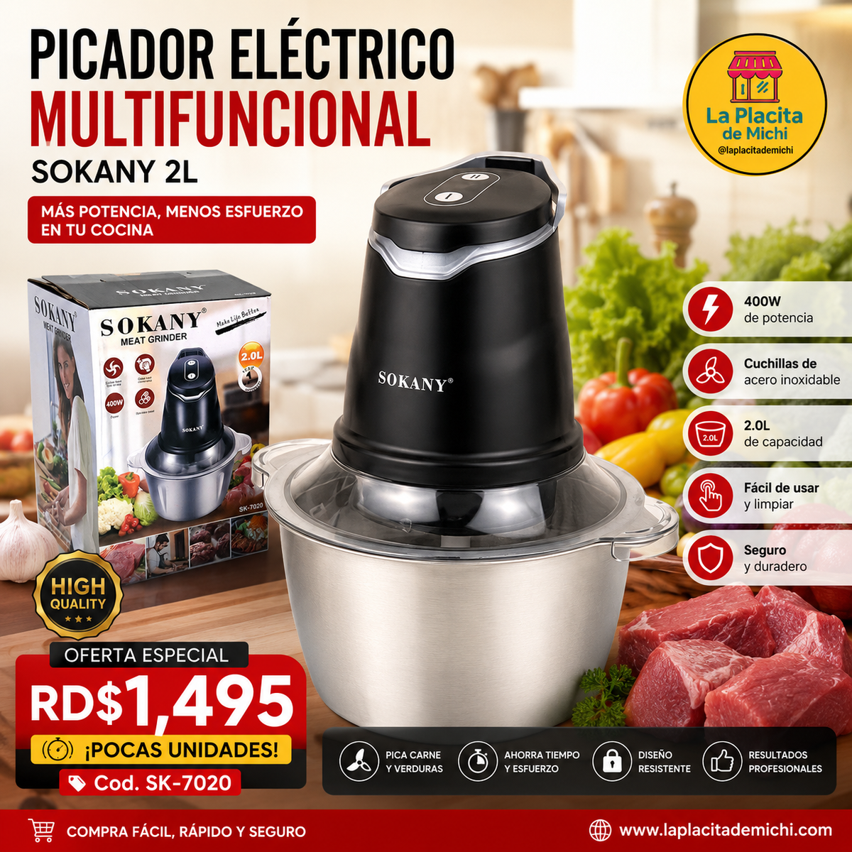 🔪✨ PICADOR ELÉCTRICO MULTIFUNCIONAL SOKANY 2L – MÁS POTENCIA, MENOS ESFUERZO EN TU COCINA ✨🔪

🆔 Cod. SK-7020

💰 RD$1,495
