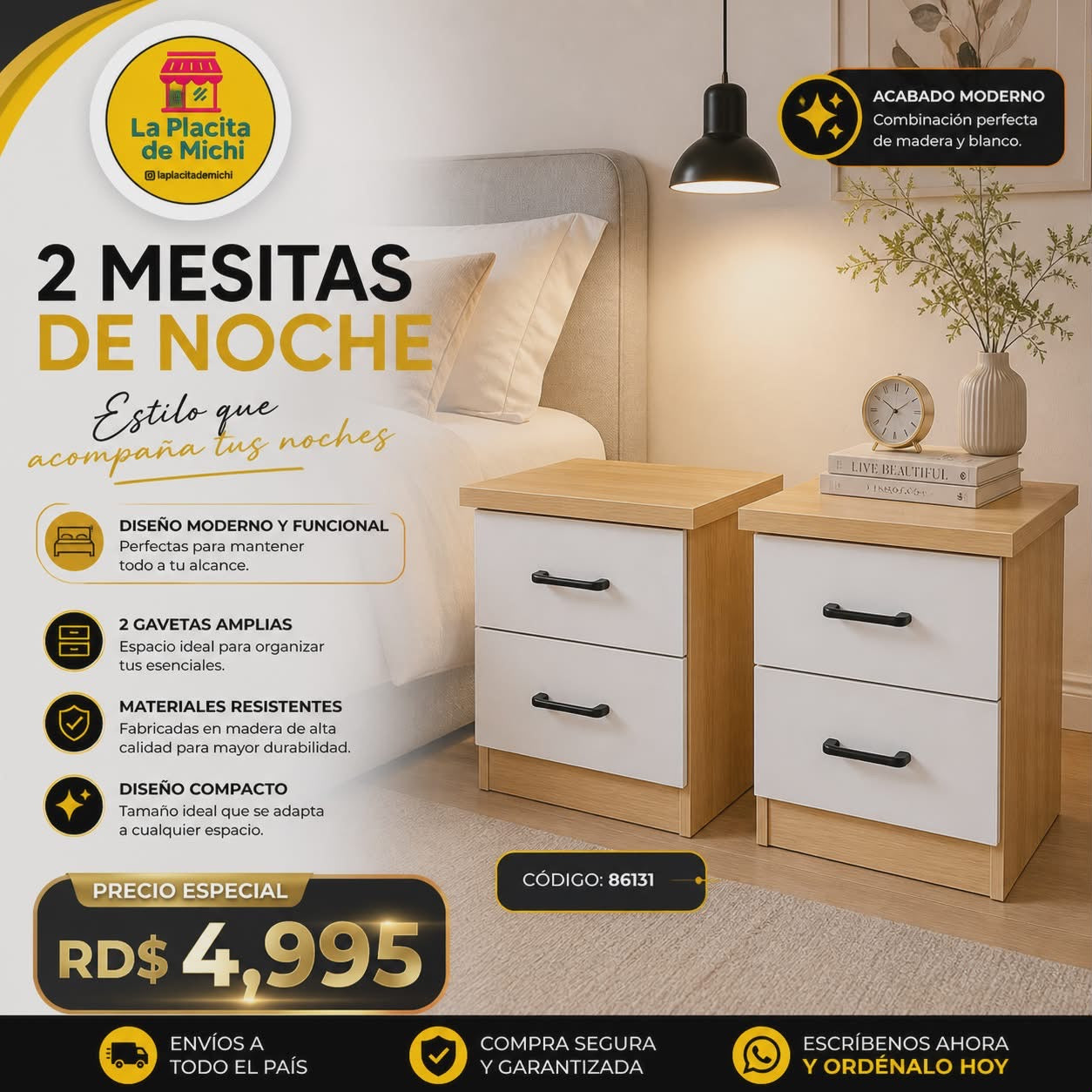 🛏️ 2 Mesita de Noche de 2 Gavetas  – (Cod.86131) ~*Color Amarillo*~

💰RD$4,995