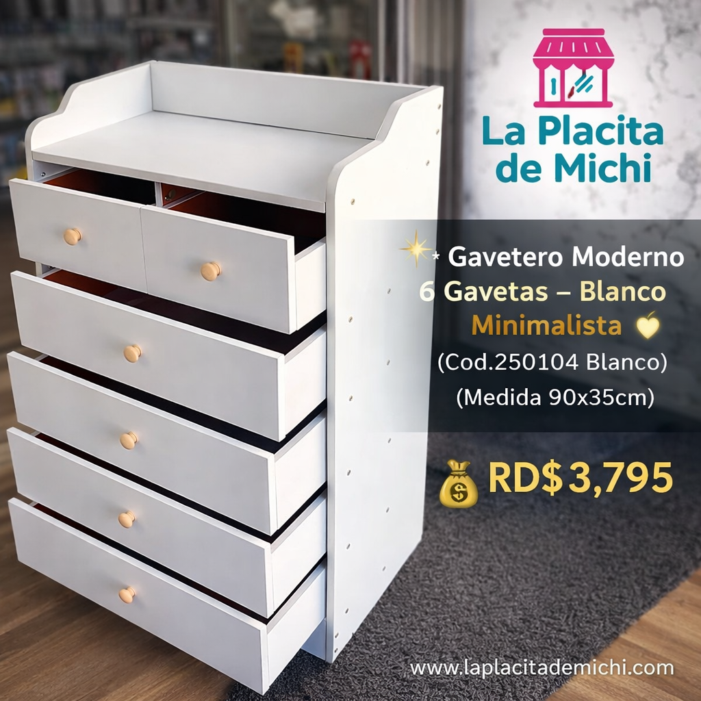 ✨ Gavetero Moderno 6 Gavetas – Blanco Minimalista ✨(Cod.250104 Blanco) 
(Medida 90x35cm)
💰RD$3,795