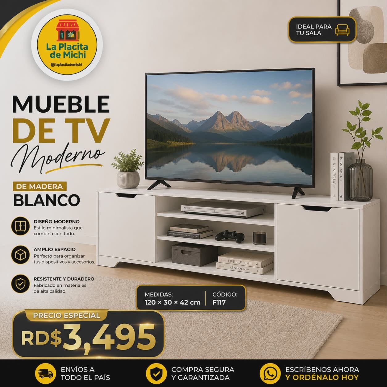⭐ Mueble de TV Moderno de Madera – Blanco
📏 120 × 30 × 42 cm | Cod. F117
💰 RD$3,495