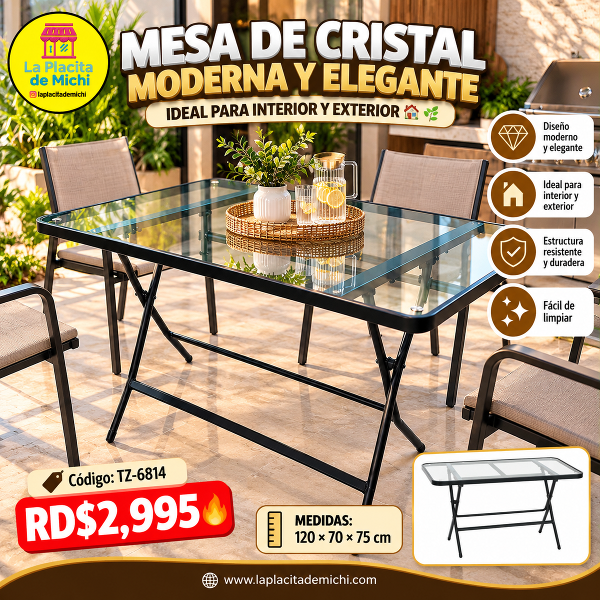 ✨🪑 MESA DE CRISTAL MODERNA Y ELEGANTE – IDEAL PARA INTERIOR Y EXTERIOR 🏡🌿

🆔 Código: TZ-6814

📏 Medidas: 120 × 70 × 75 cm

💰RD$2,995