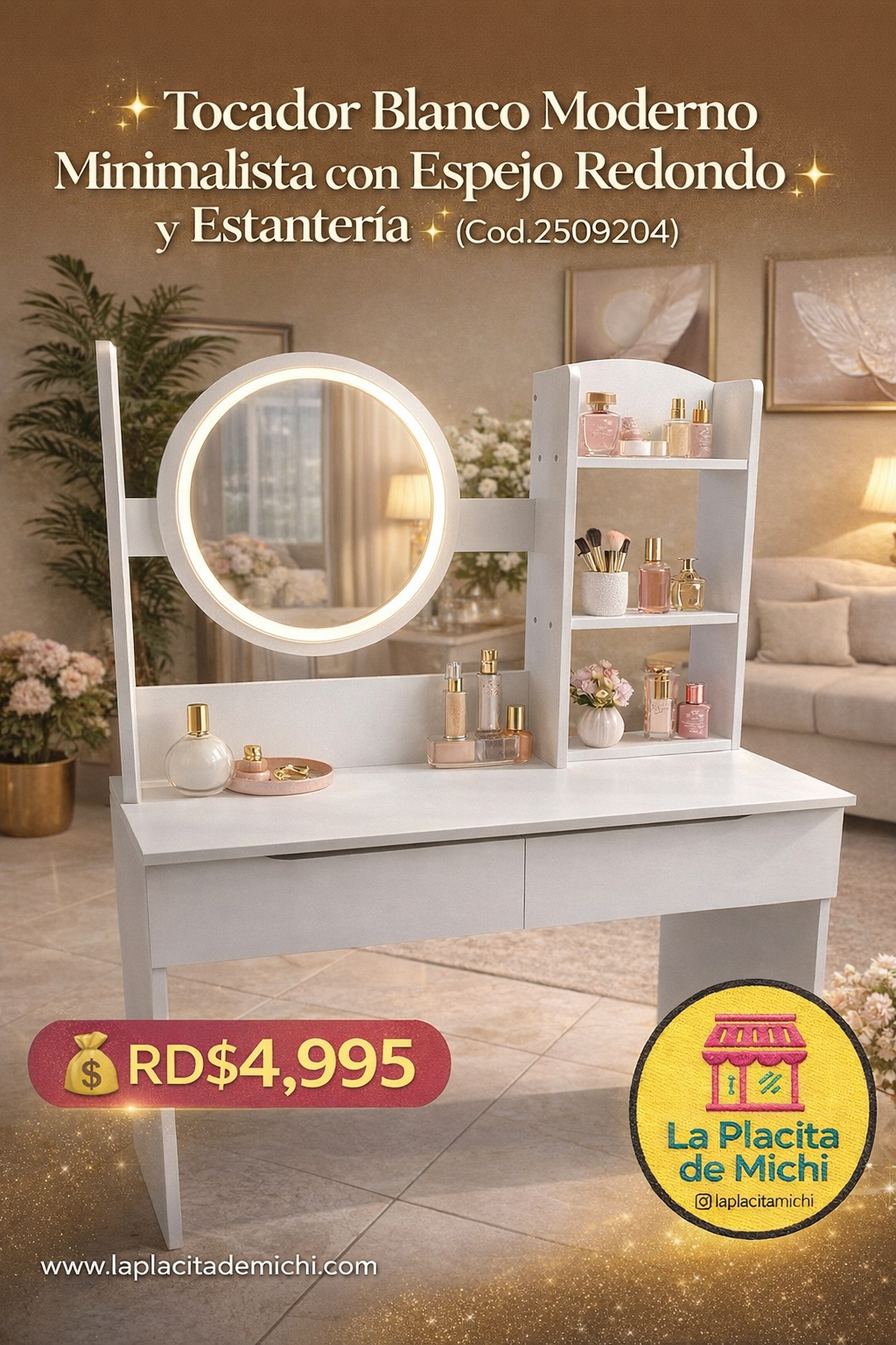 ✨ Tocador Blanco Moderno Minimalista con Espejo Redondo y Estantería ✨(Cod.2509204)

💰RD$4,995