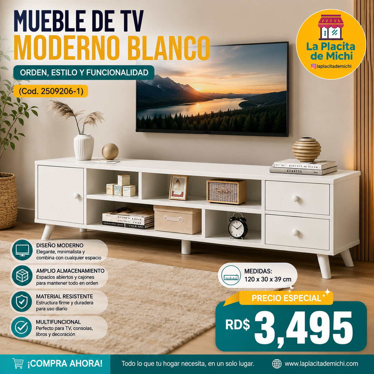 🖥️✨ MUEBLE DE TV MODERNO BLANCO (120 CM) – ORDEN, ESTILO Y FUNCIONALIDAD ✨🖥️ (Cod. 2509206-1)

💰RD$3,495