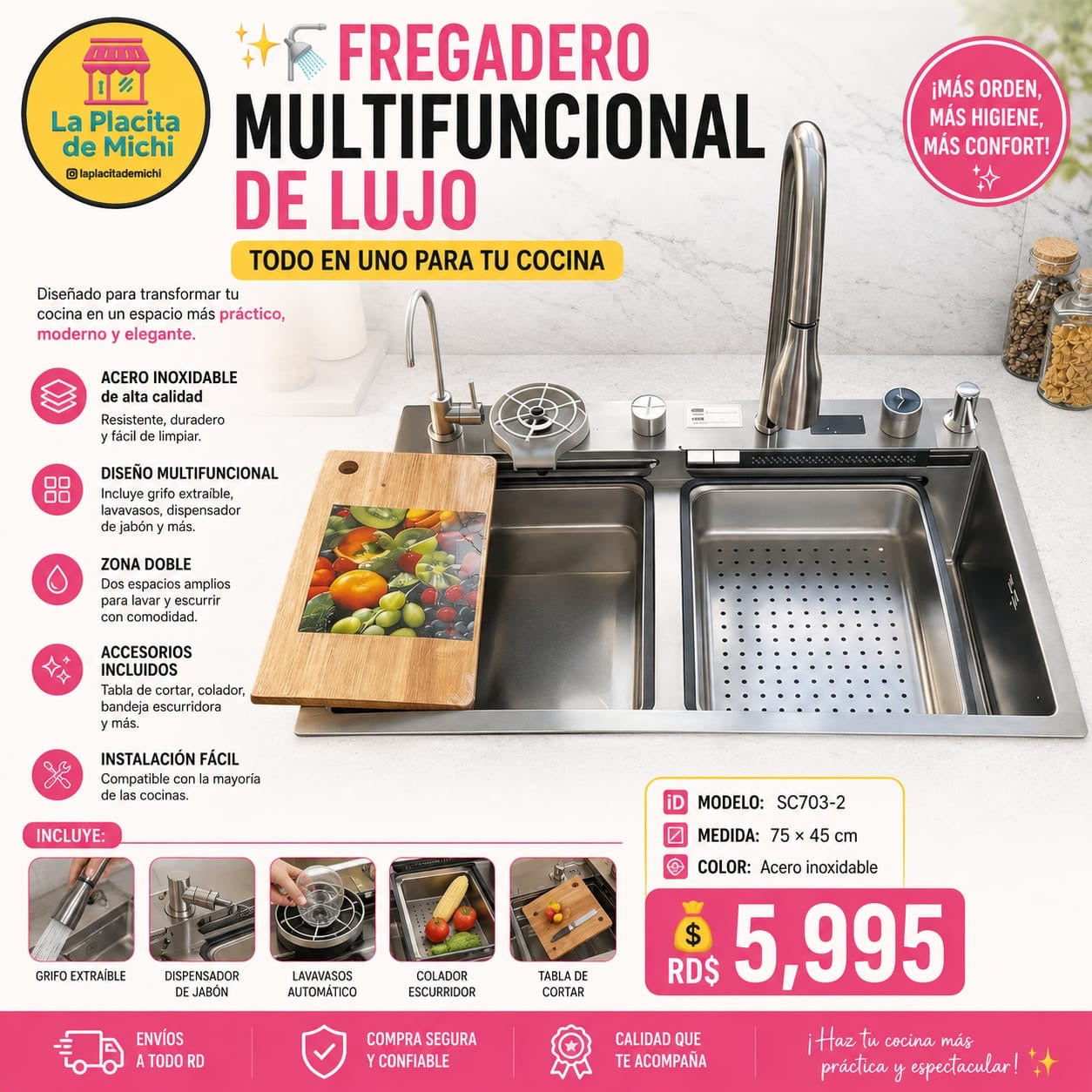 ✨🚿 FREGADERO MULTIFUNCIONAL DE LUJO – TODO EN UNO PARA TU COCINA 🚿✨
🆔 Modelo: SC703-2
📏 Medida: 75 × 45 cm
🎨 Color: Plateado (Acero inoxidable)

💰 Precio: RD$5,995
