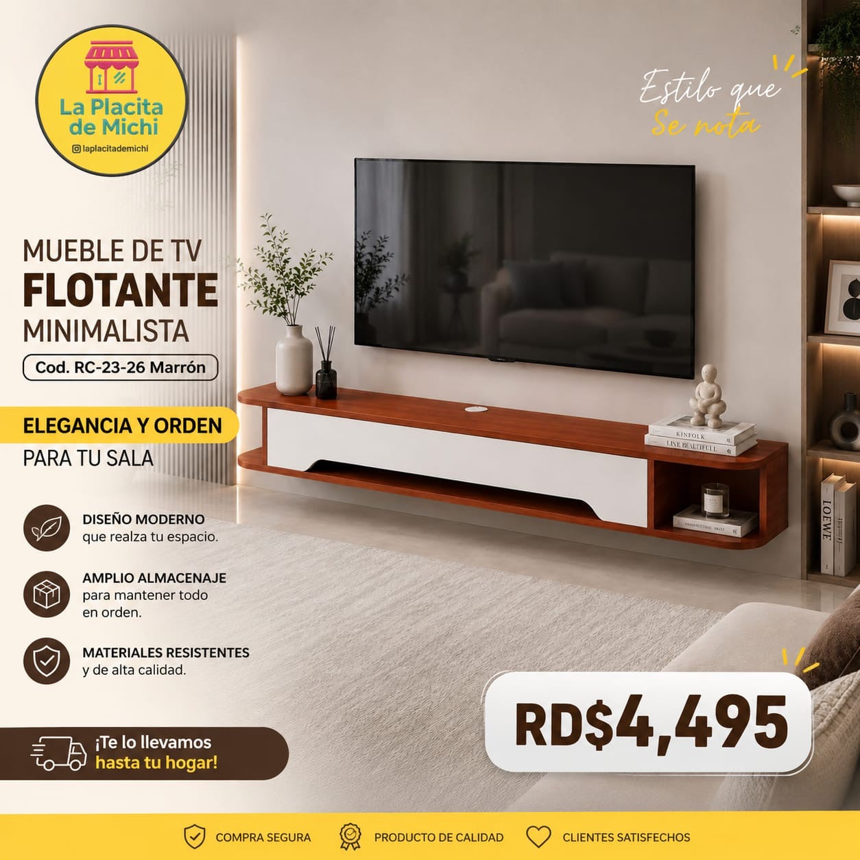 ✨📺 MUEBLE DE TV FLOTANTE MINIMALISTA – ELEGANCIA Y ORDEN PARA TU SALA ✨📺 (Cod. RC-23-26 Marrón )

💰RD$4,495 

📐 Medidas:
• Largo: 130 cm
• Fondo: 24 cm
• Alto: 20 cm