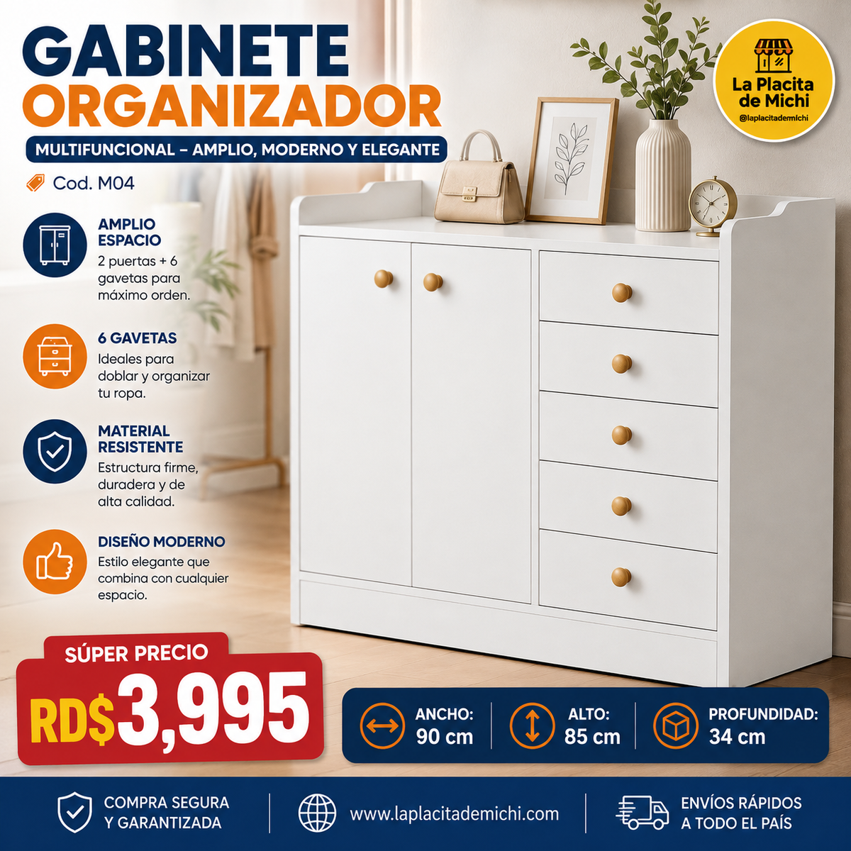 🤍 GABINETE ORGANIZADOR MULTIFUNCIONAL – AMPLIO, MODERNO Y ELEGANTE (Cod. M04)

💰RD$3,995 

📏 Medidas:
↔️ Ancho: 90 cm
↕️ Alto: 85 cm
📐 Profundidad: 34 cm
