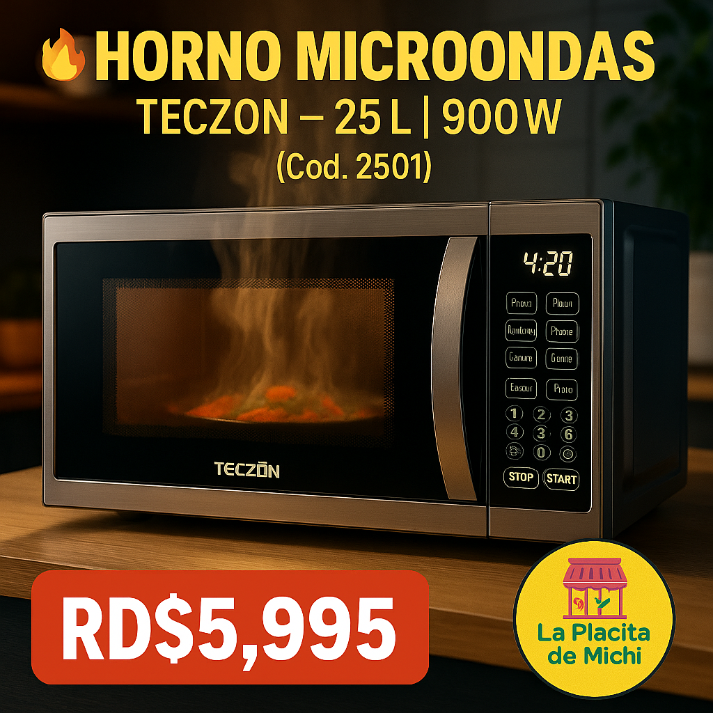 🔥 Horno Microondas TECZON – 25L | 900W 🔥 (Cod. 2501)

💰 RD$5,995