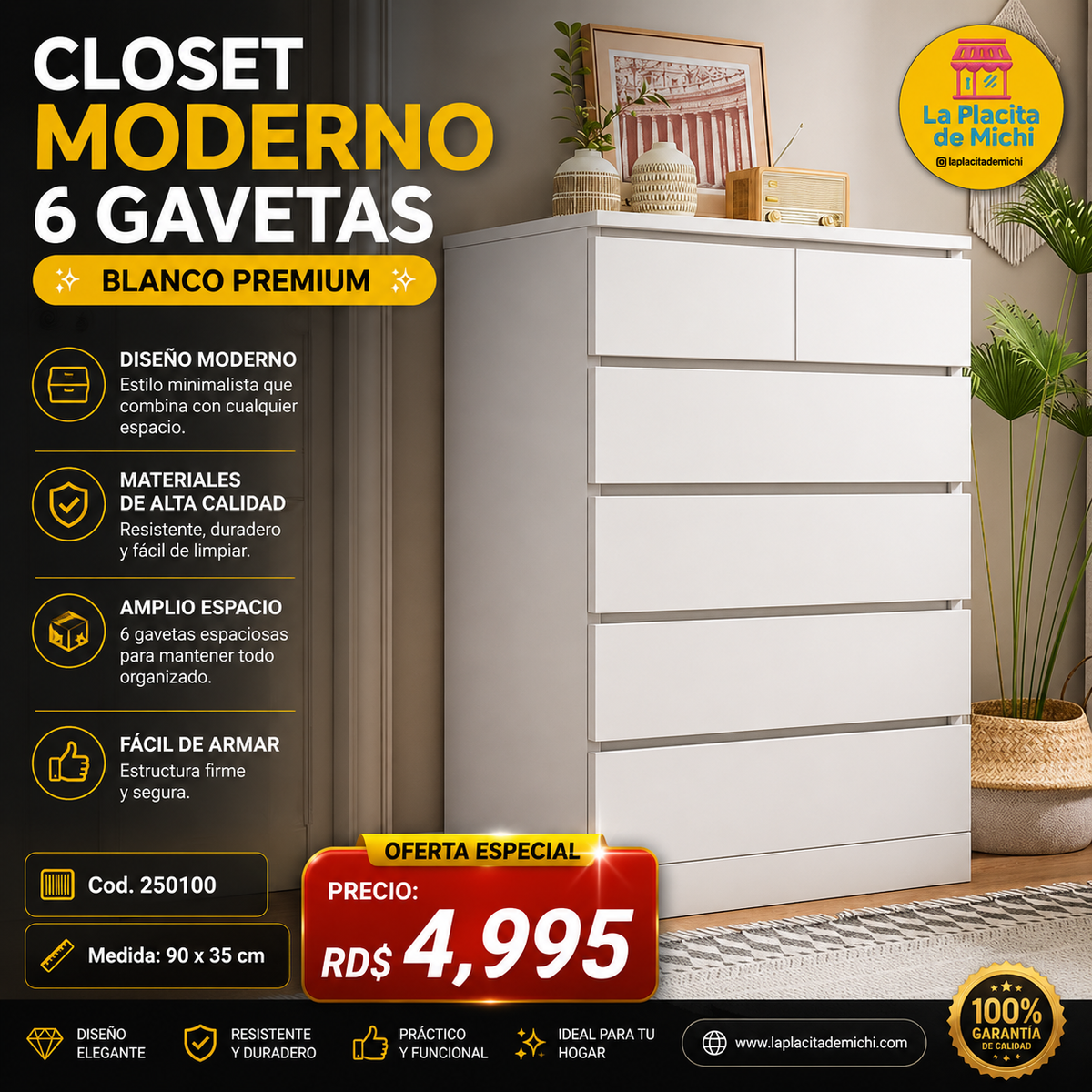 Closet Moderno 6 Gavetas – Blanco Premium (Alta Capacidad) (Cod.250100)
💰RD$4,995