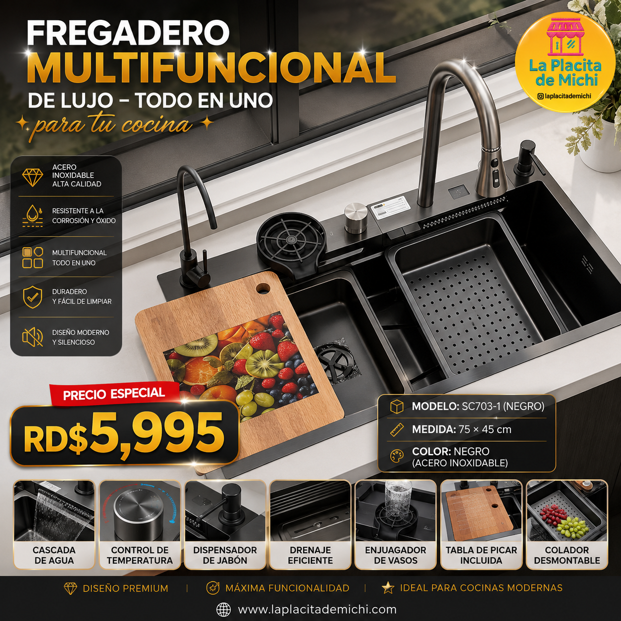 ✨🚿 FREGADERO MULTIFUNCIONAL DE LUJO – TODO EN UNO PARA TU COCINA 🚿✨
🆔 Modelo: SC703-1 (NEGRO)
📏 Medida: 75 × 45 cm
🎨 Color: Negro (Acero inoxidable)

💰 Precio: RD$5,995