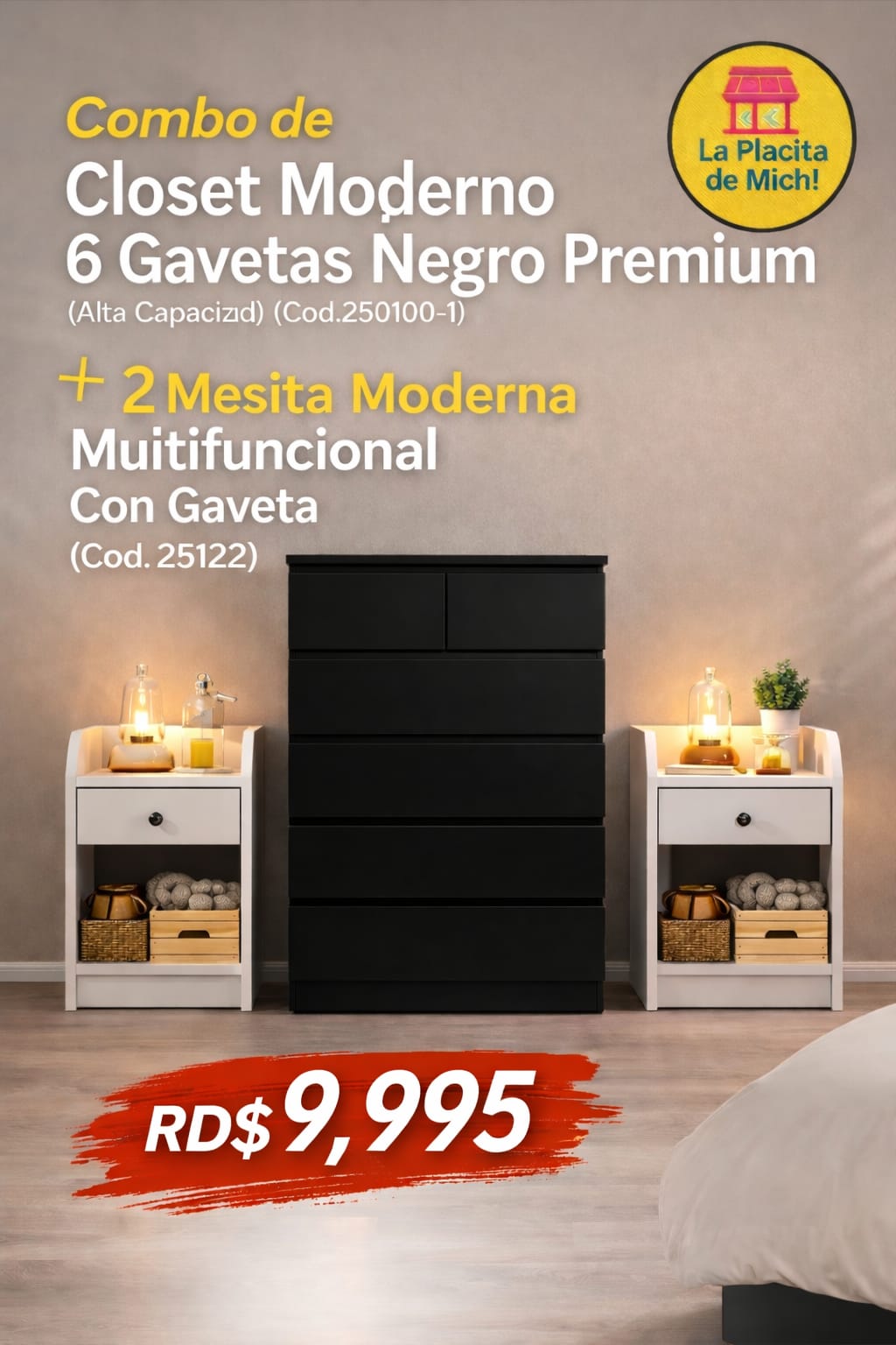 Combo de Closet Moderno 6 Gavetas Negro Premium (Alta Capacidad) (Cod.250100-1) ➕️  2 Mesita Moderna Multifuncional Con Gaveta (Cod. 25122)

💰RD$9,995