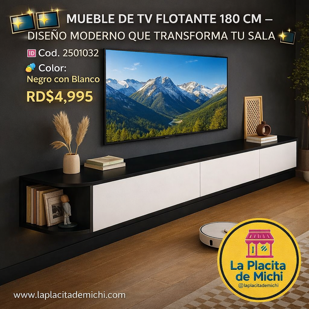 📺✨ MUEBLE DE TV FLOTANTE 180 CM – DISEÑO MODERNO QUE TRANSFORMA TU SALA ✨📺
🆔 Cod. 2501032
🎨 Color: Negro con Blanco

💰 RD$4,995