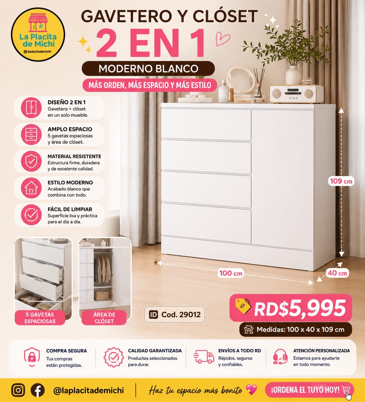 ✨🤍 GAVETERO Y CLÓSET 2 EN 1 MODERNO BLANCO – MÁS ORDEN, MÁS ESPACIO Y MÁS ESTILO 🤍✨
🆔 Cod. 29012

💰RD$5,995

📏 Medidas: 100 x 40 x 109 cm