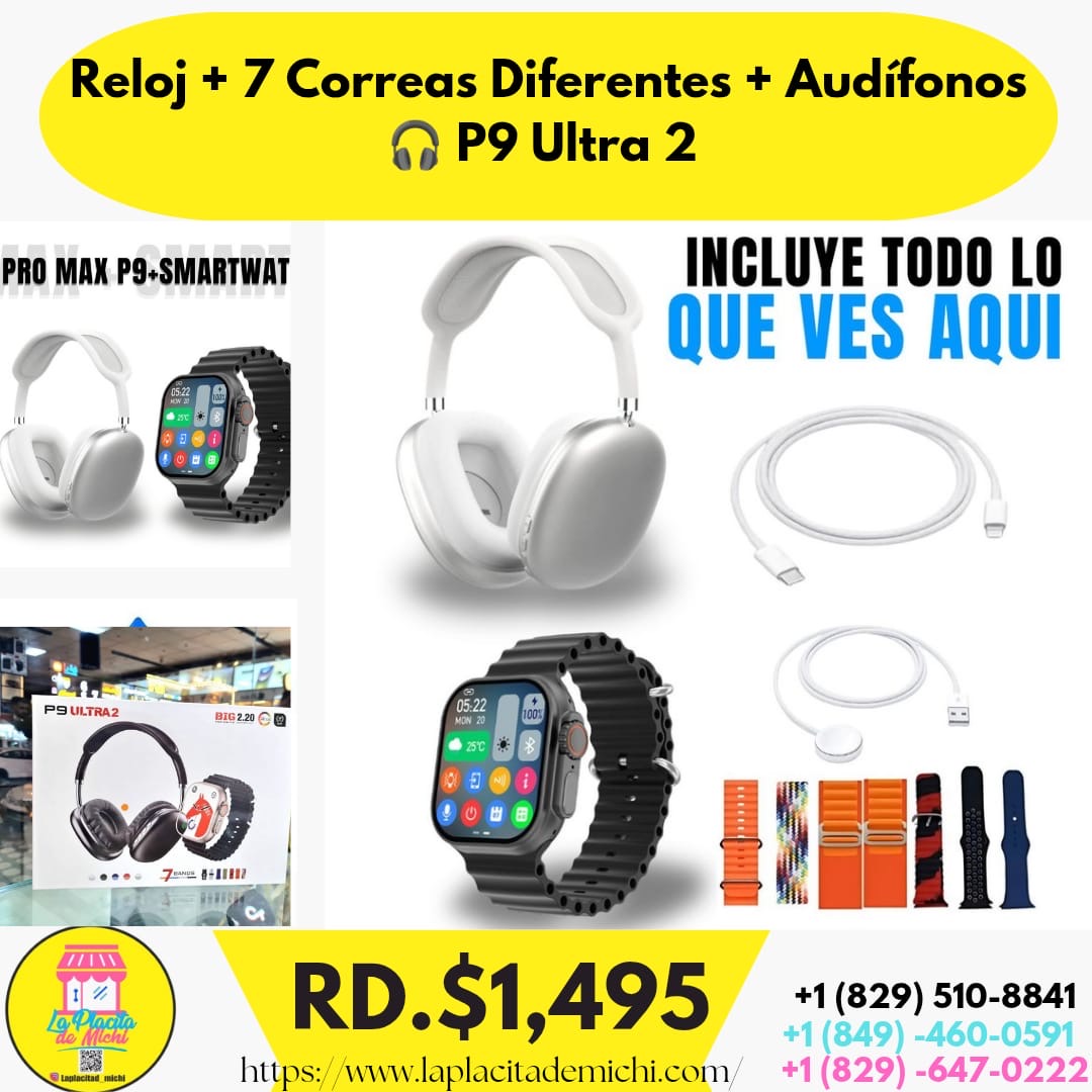 Reloj + 7 Correas Diferentes + Audífonos 🎧 P9 Ultra 2