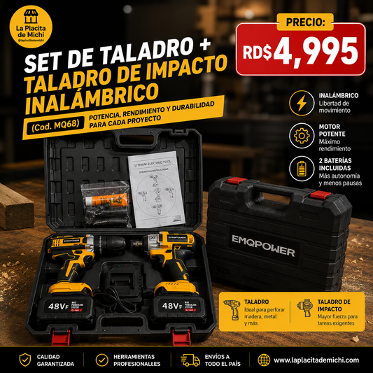 🔨 Set de Taladro + Taladro de Impacto Inalámbrico (2 Baterías Incluidas)
 (Cod. MQ68)

💰 RD$4,995