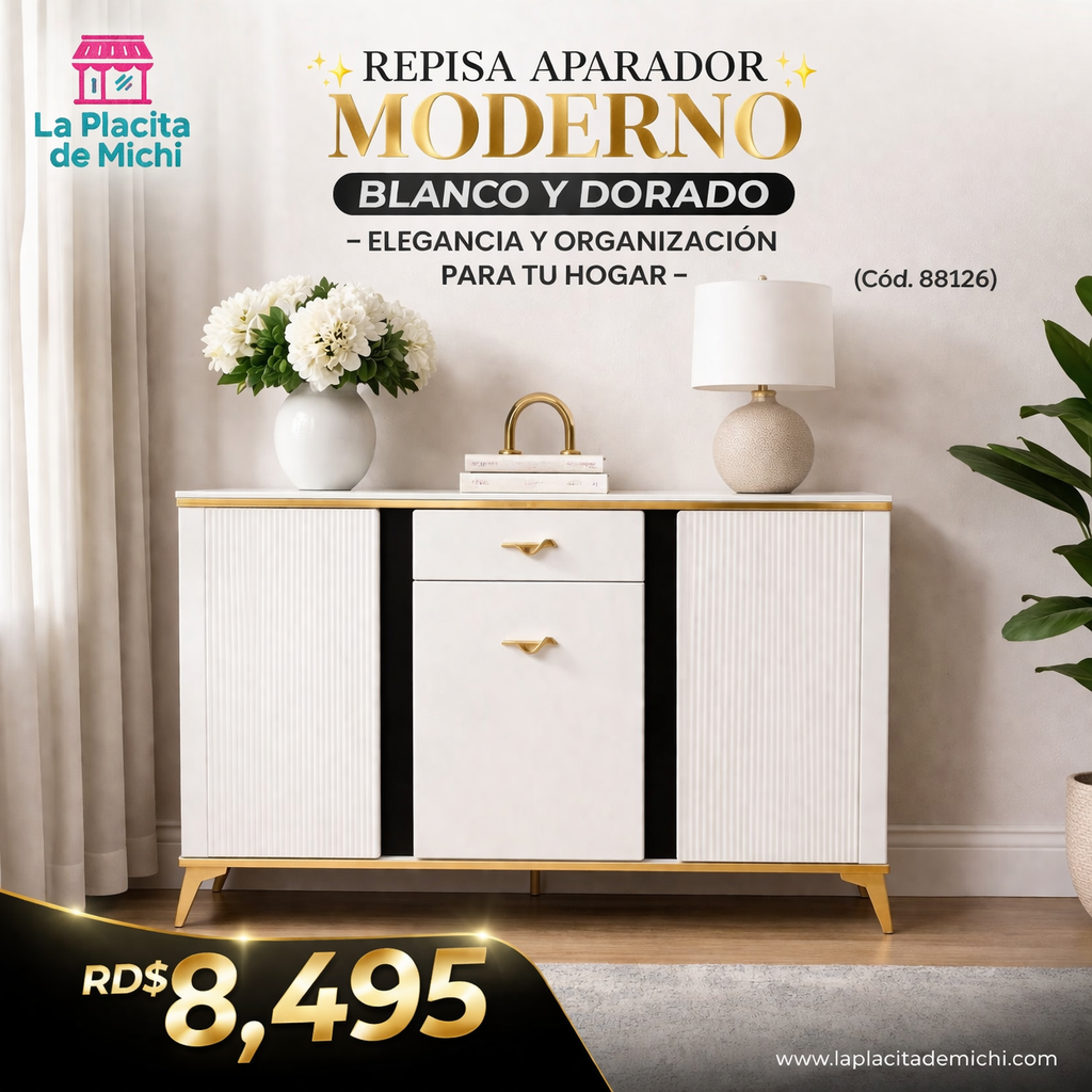 ✨ CREDENZA REPISA APARADOR MODERNO BLANCO Y DORADO – ELEGANCIA Y ORGANIZACIÓN PARA TU HOGAR ✨

📌 Cod. 88126)

💰RD$8,495