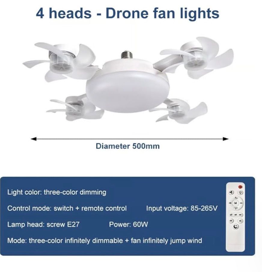 💡🌀 LÁMPARA VENTILADOR TIPO DRONE CON LUZ LED – 4 CABEZAS y Control 🕹️🌀💡

💰RD$1,495