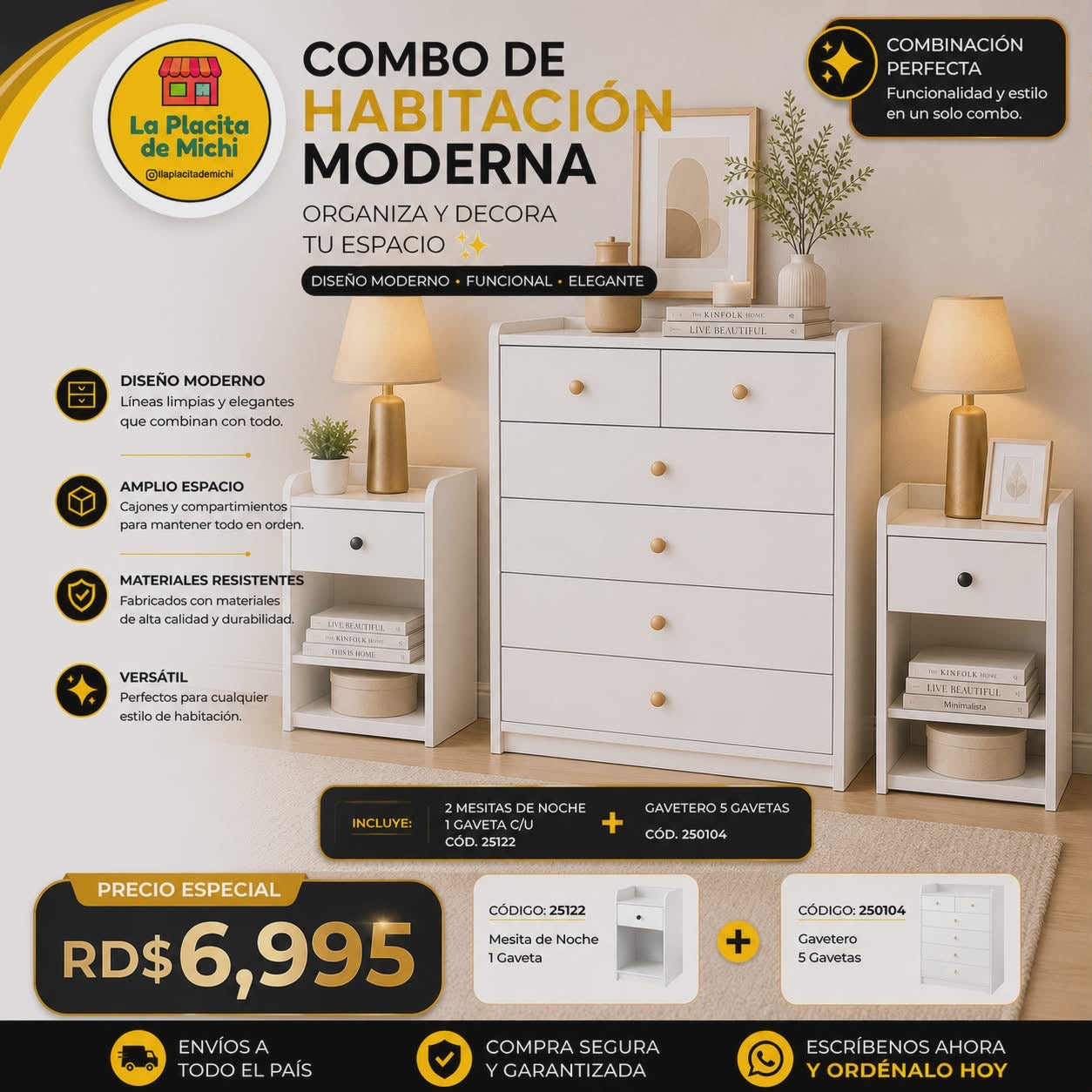 ✨🛏️ COMBO DE HABITACIÓN MODERNA – ORGANIZA Y DECORA TU ESPACIO 🛏️✨
(🆔 Cod. 250104 Blanco + 🆔 Cod. 25122)

💰 RD$6,995