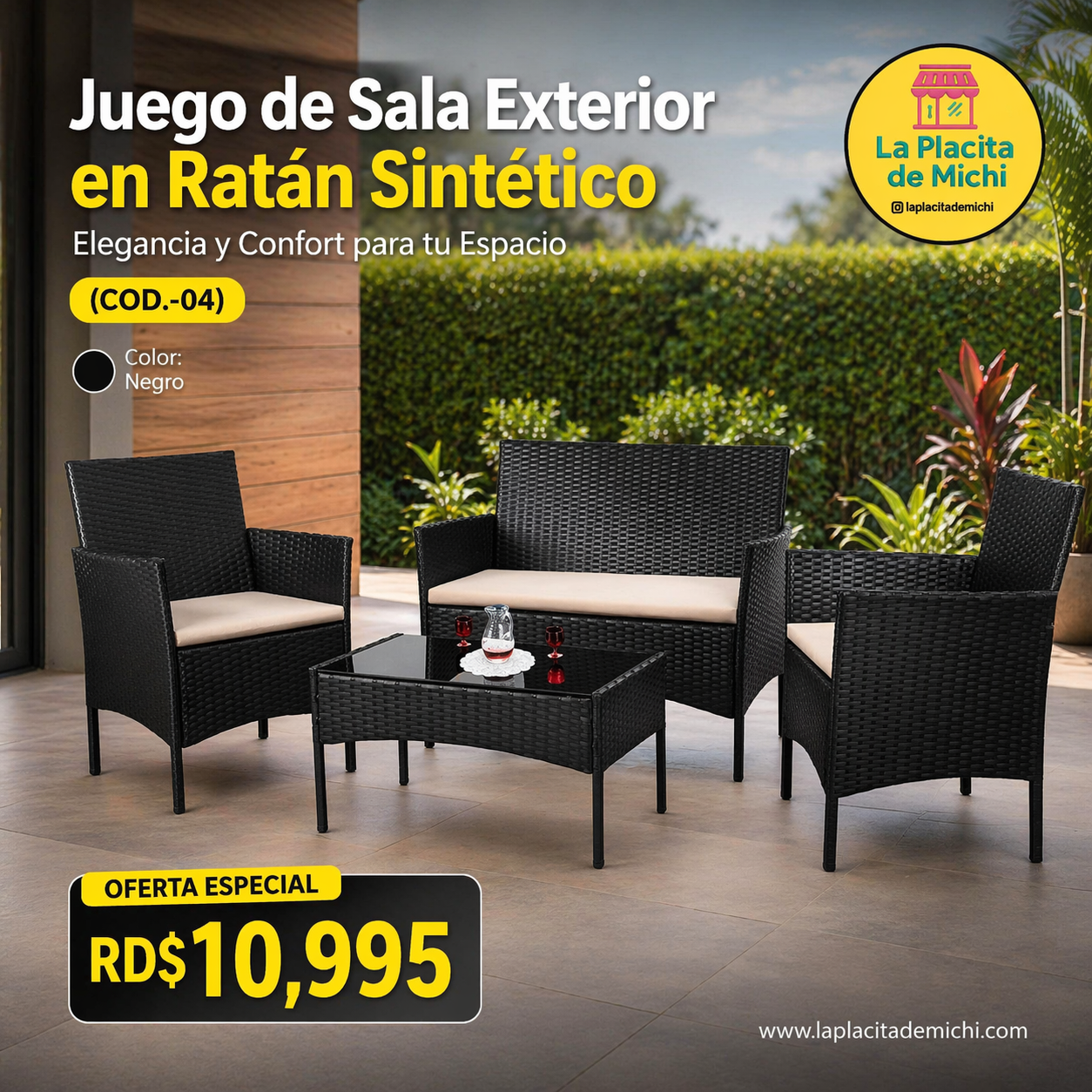 🛋️ Juego de Sala Exterior en Ratán Sintético – Elegancia y Confort para tu Espacio 🛋️ (Cod.-04) (*Color Negro* 

💰RD$10,995