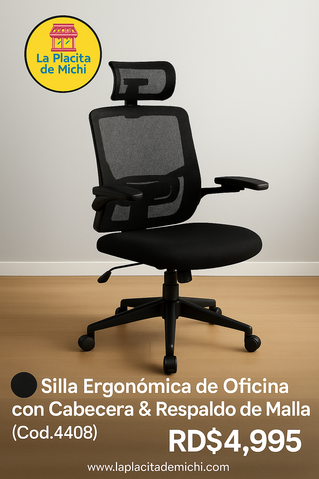 🖤 Silla Ergonómica de Oficina con Cabecera & Respaldo de Malla (Cod.4408)
💰RD$4,995