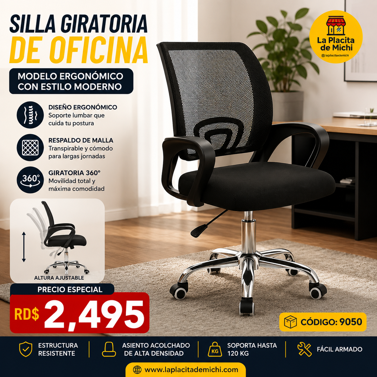 🪑 Silla Giratoria de Oficina (9050) – Modelo Ergonómico con Estilo Moderno
💰Precio: RD$2,495